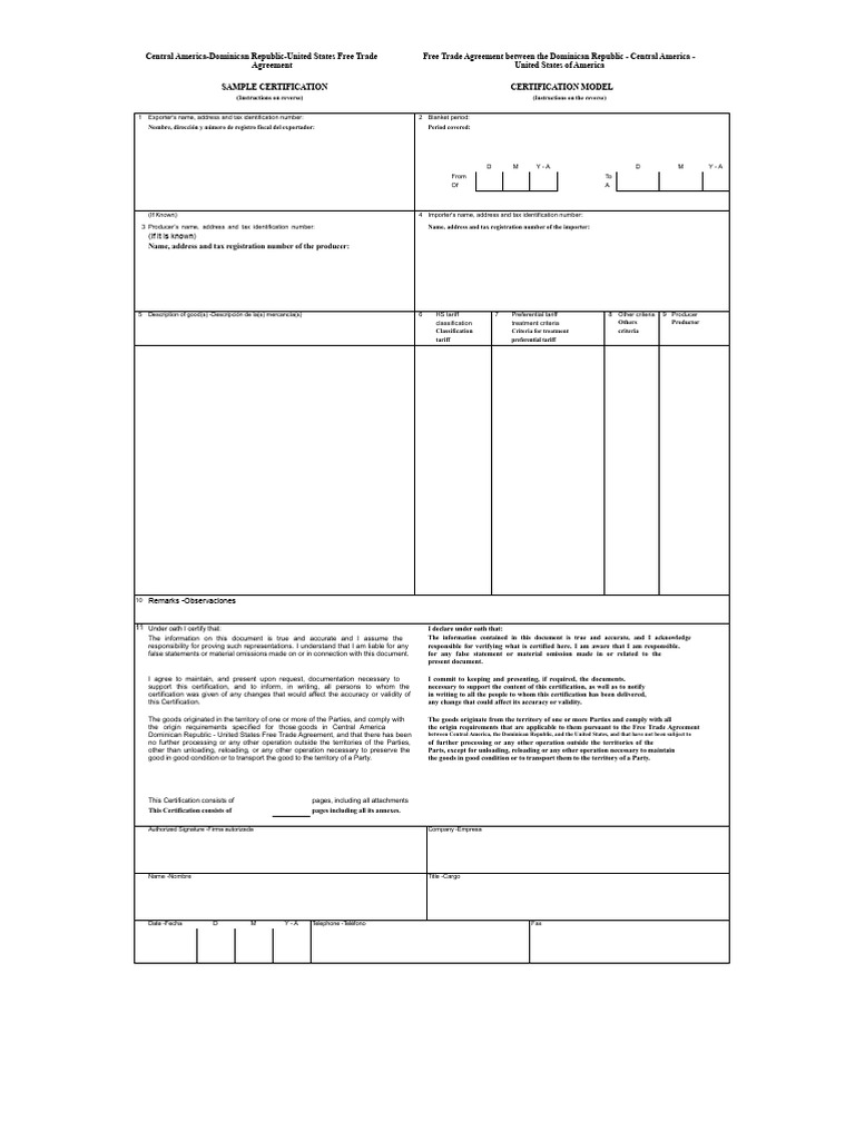 Free Trade Agreement Certification Form | PDF | International Business ...