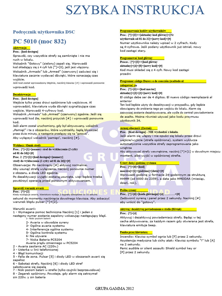 Instrukcja Użytkowania DSC pc5010 | PDF