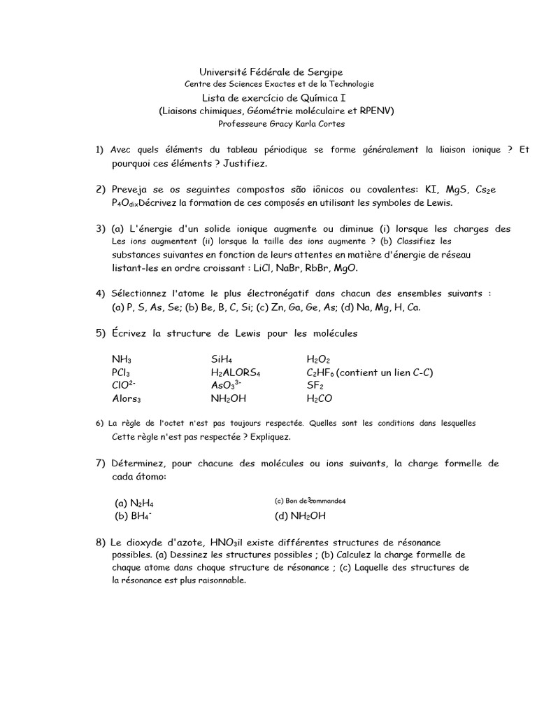 Exercices de chimie : liaisons et structures | PDF | Liaison chimique ...