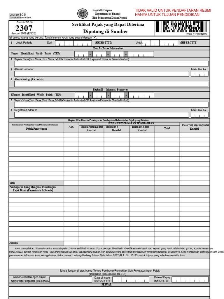 Formulir BIR 2307 untuk Pajak Filipina | PDF