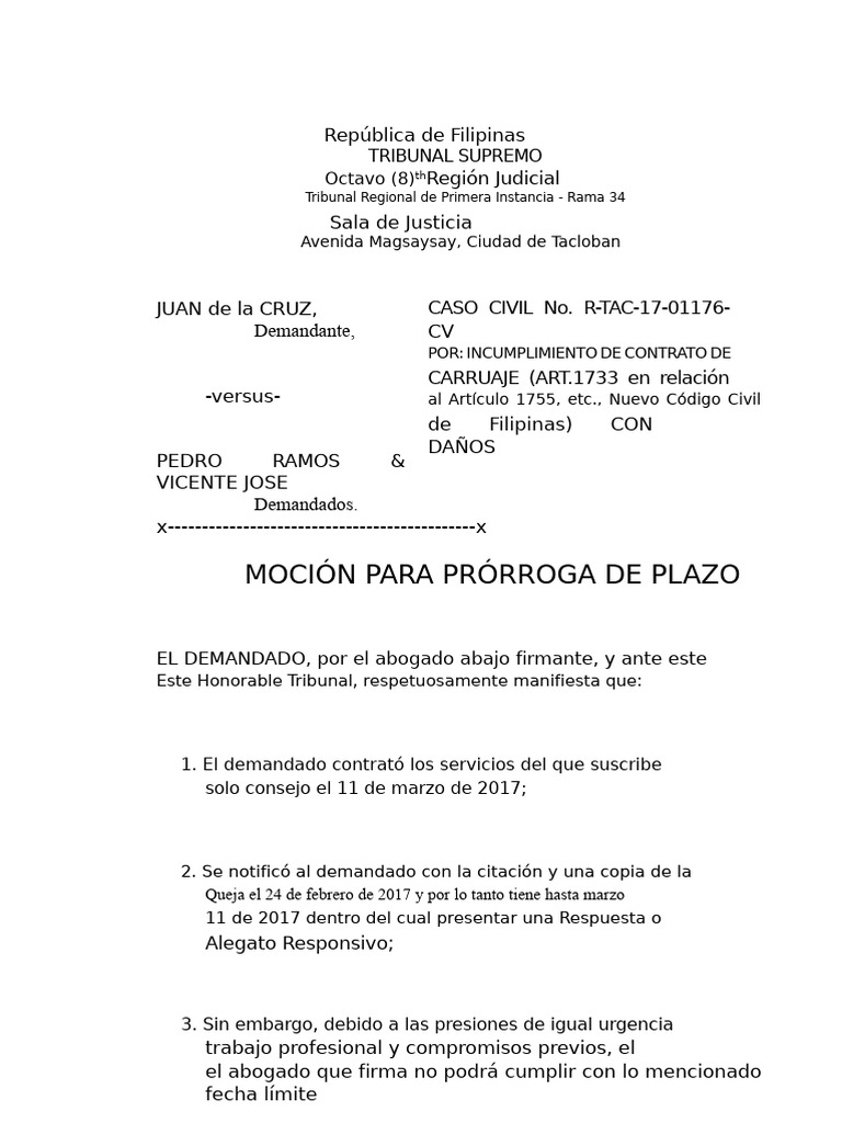 Moción de prórroga en caso civil Filipinas | PDF | Justicia | Crimen y ...