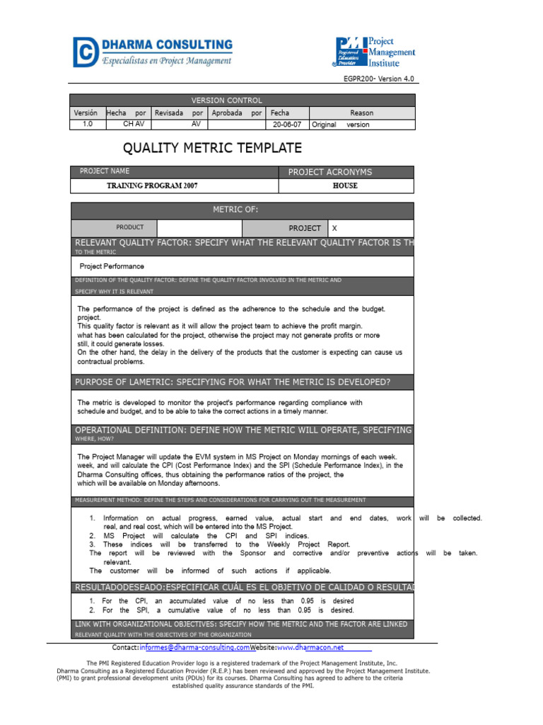 Quality Metric Template for Project Performance | PDF | Business