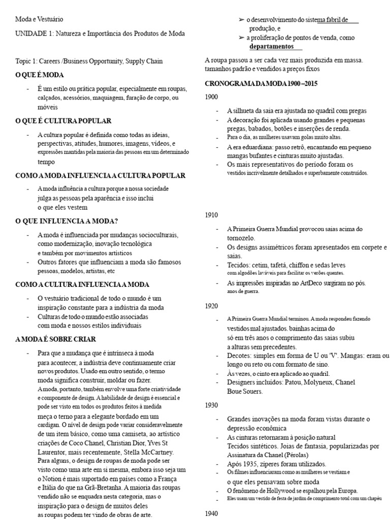 Notas da Unidade 1 de Moda e Vestuário (1) | PDF | Moda | Marketing