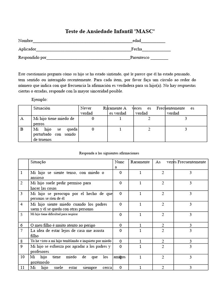 Teste de Ansiedad Infantil MASC | PDF | Ansiedad