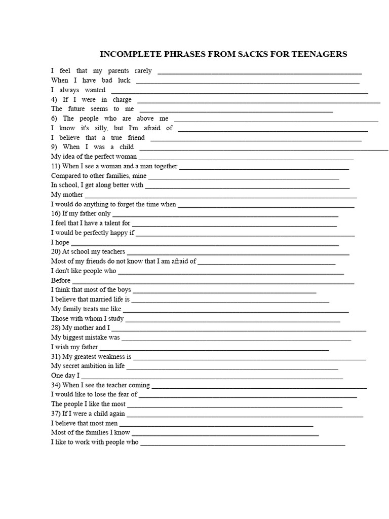 Teenagers' Incomplete Thoughts Prompts | PDF | Adolescence