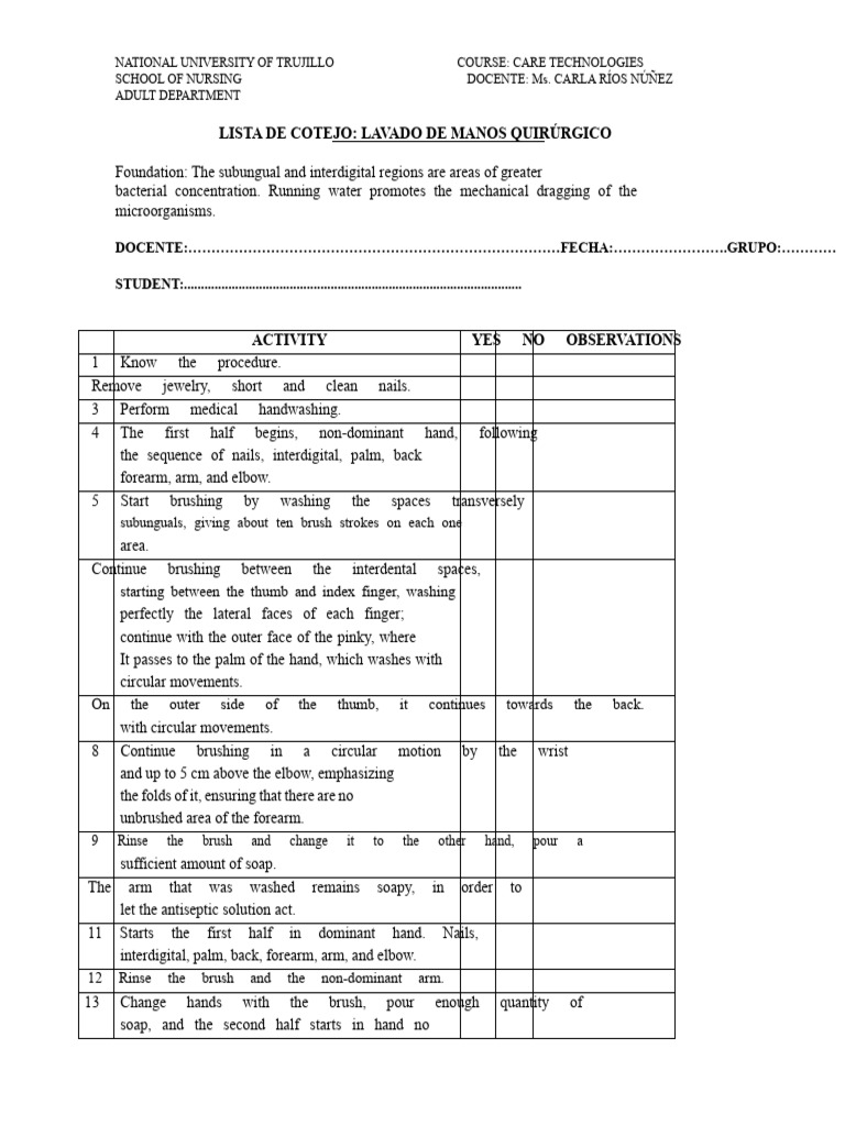 Surgical Handwashing Checklist Guide | PDF | Hand | Hand Washing