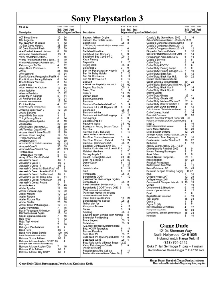 Sony Playstation 3 Game Listings | PDF
