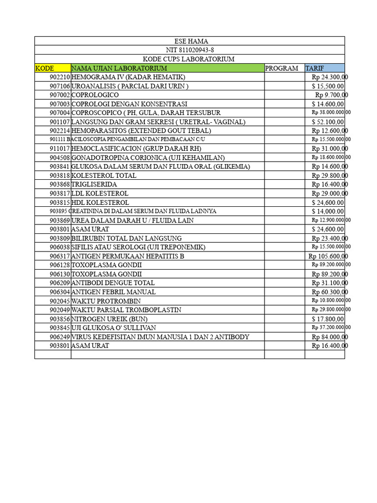 Tarif Ujian Laboratorium ESE HAMA | PDF