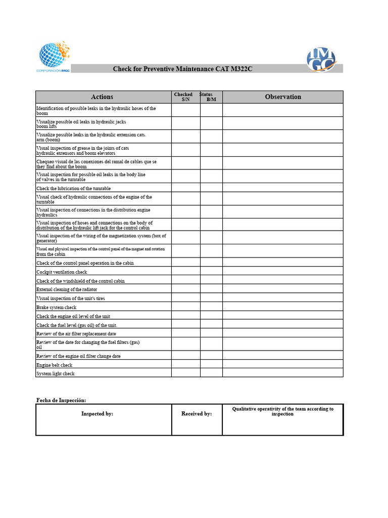 Preventive Inspection Format For The CAT M322C Unit | PDF | Elevator ...