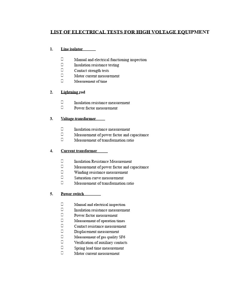 High Voltage Equipment Electrical Tests | PDF