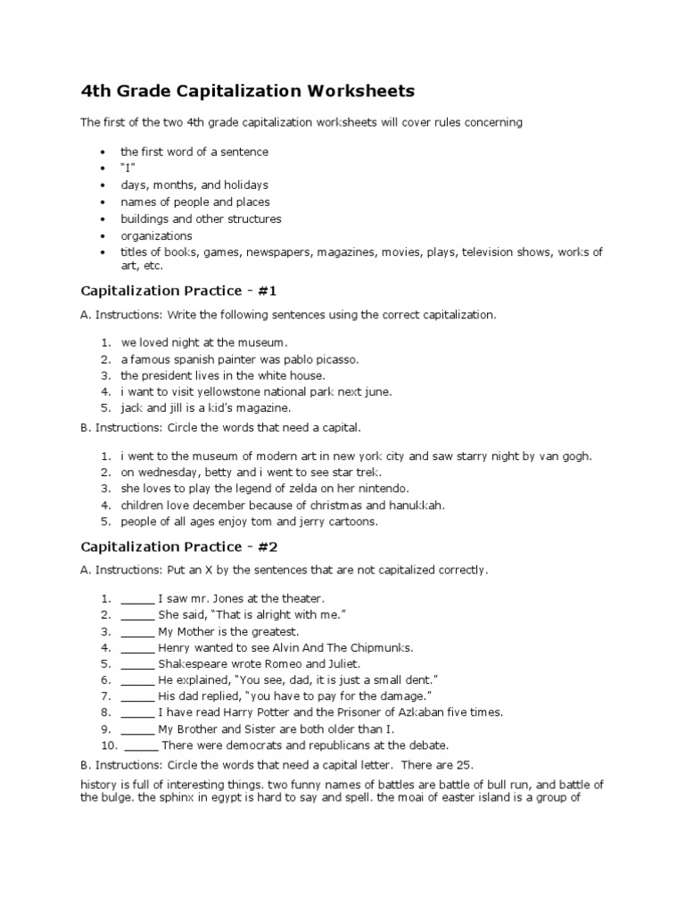 Worksheets Capitalization Worksheets 4th Grade 4th grade capitalization worksheets