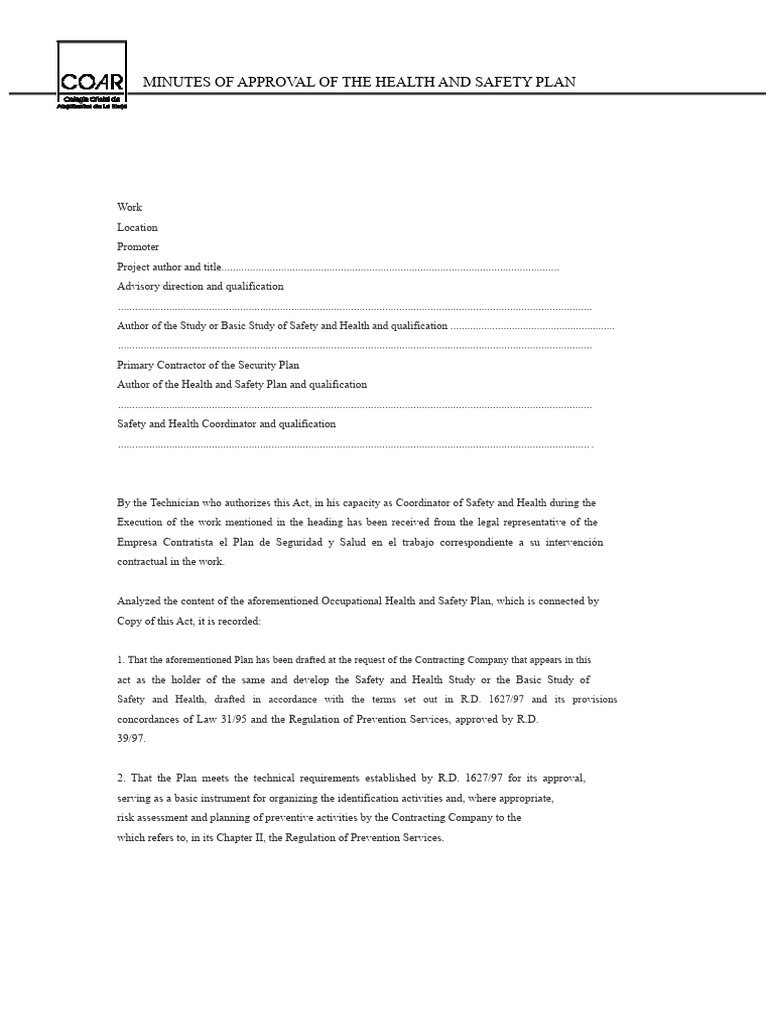 Format For Approval Act of The Health and Safety Plan. Type 1 | PDF ...