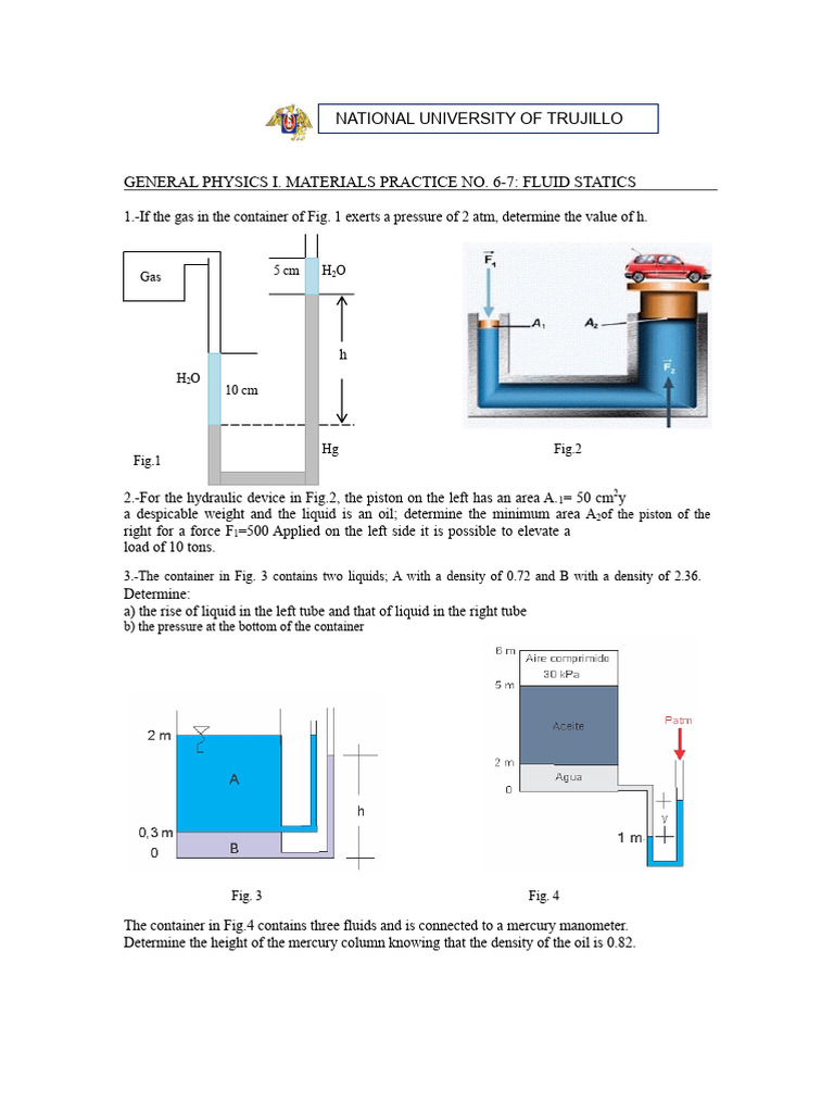 Fluid Statics Practice Problems Guide | PDF | Pressure | Density