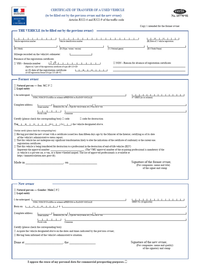 Used Vehicle Transfer Certificate Form | PDF