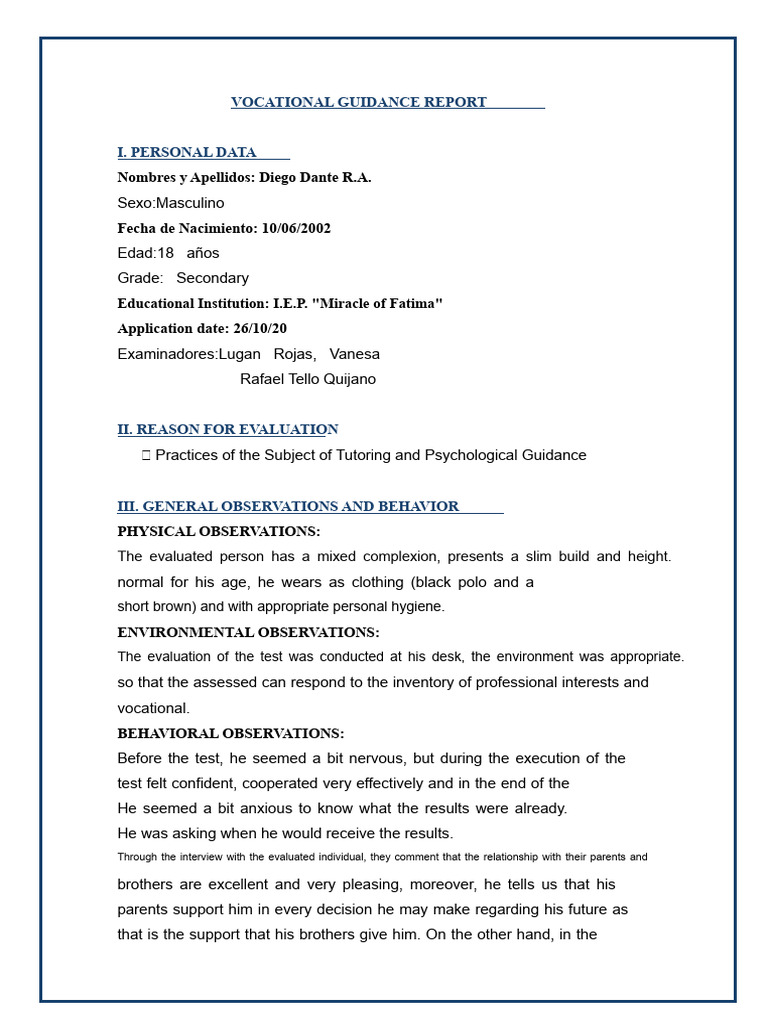 Vocational Guidance Report for Diego Dante | PDF | Science ...