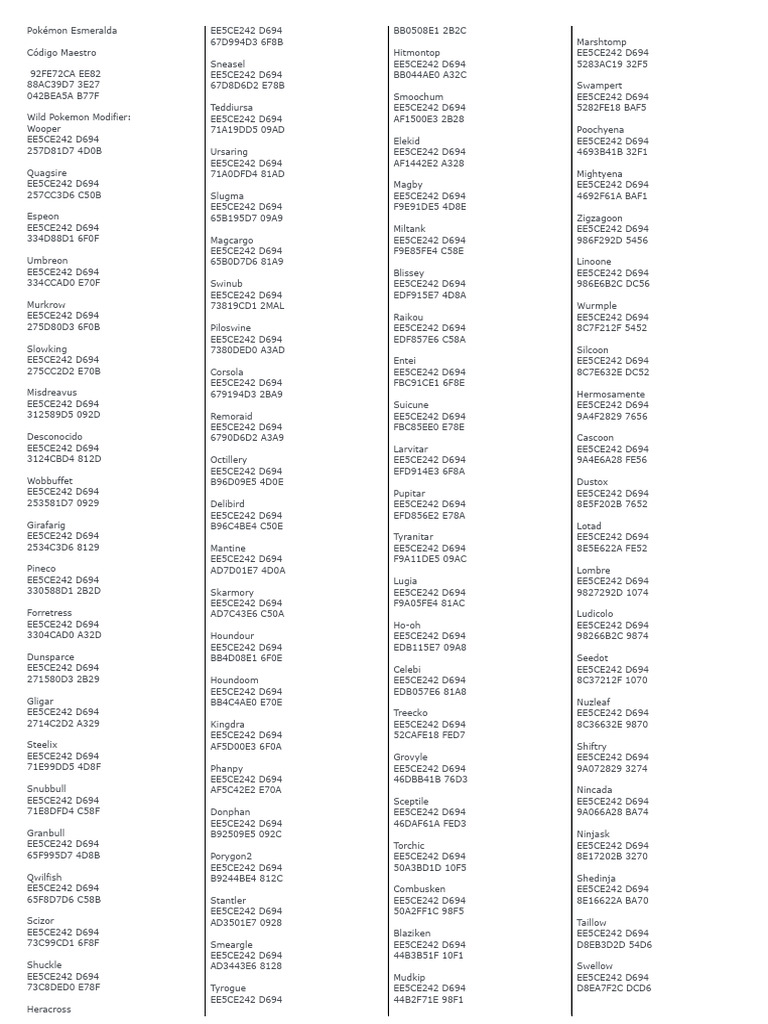Pokémon Esmeralda Master Codes List | PDF | Pokémon
