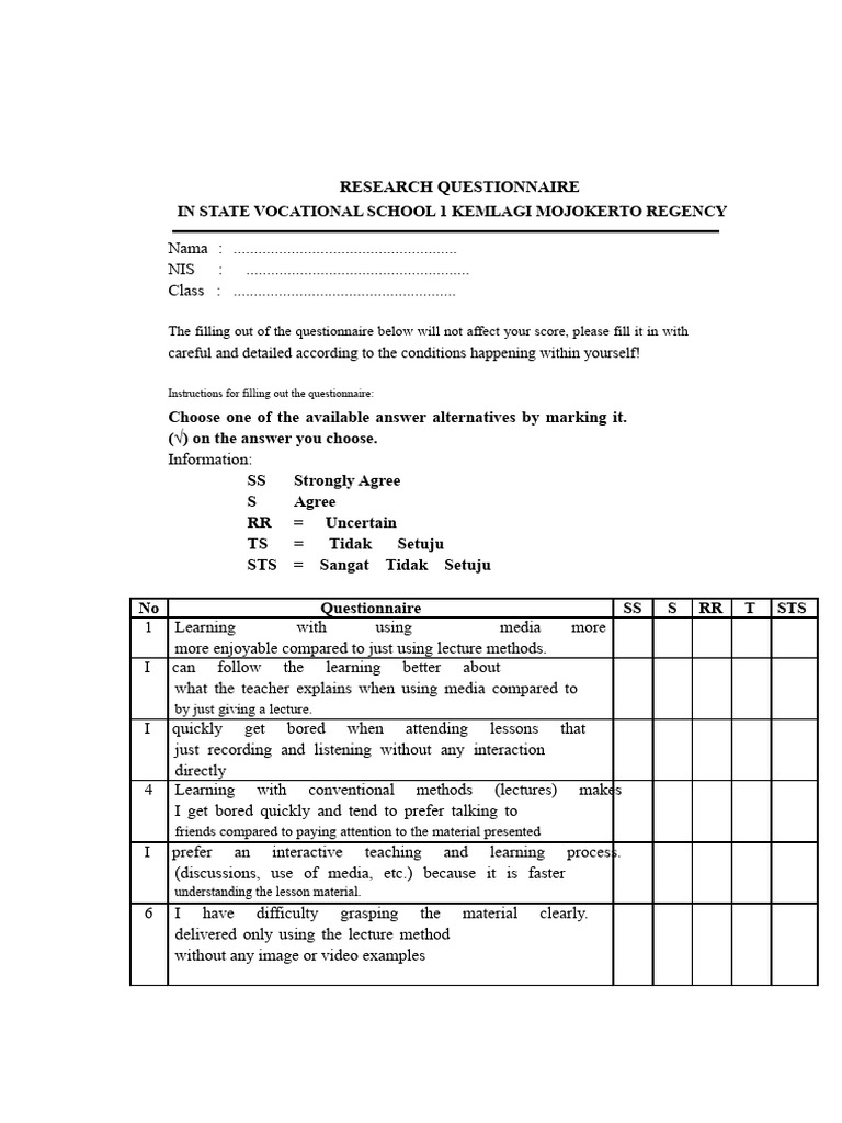 Vocational School Learning Questionnaire | PDF | Lecture | Learning