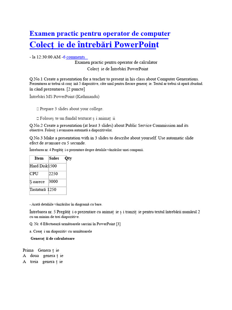 Colecția de Întrebări Pentru Examenul Practic de Operator de Calculator ...