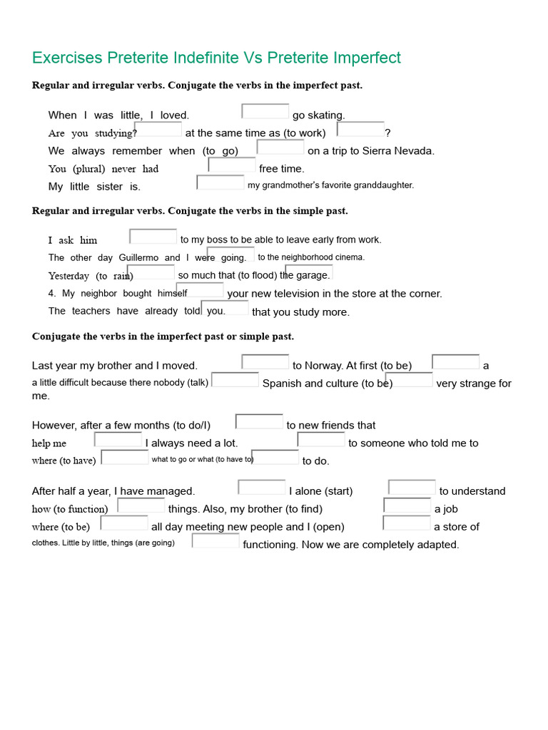 Exercises Preterite Indefinite Vs Imperfect Preterite With Solutions ...