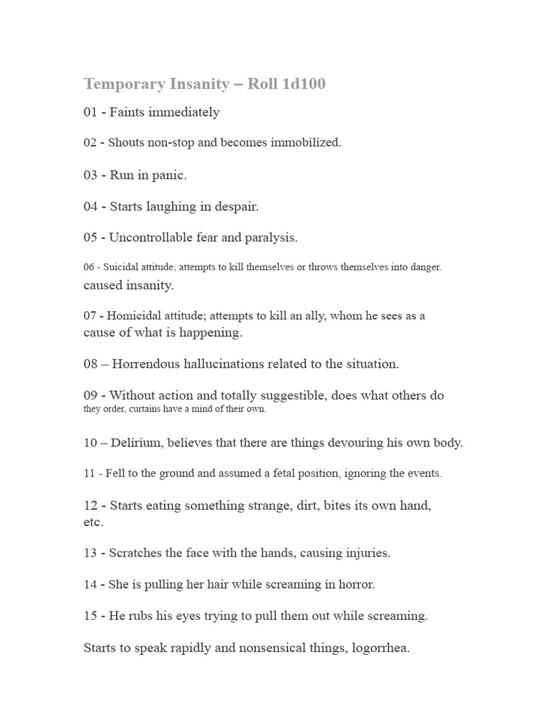Temporary Insanity Effects Table | PDF | Human Diseases And Disorders ...