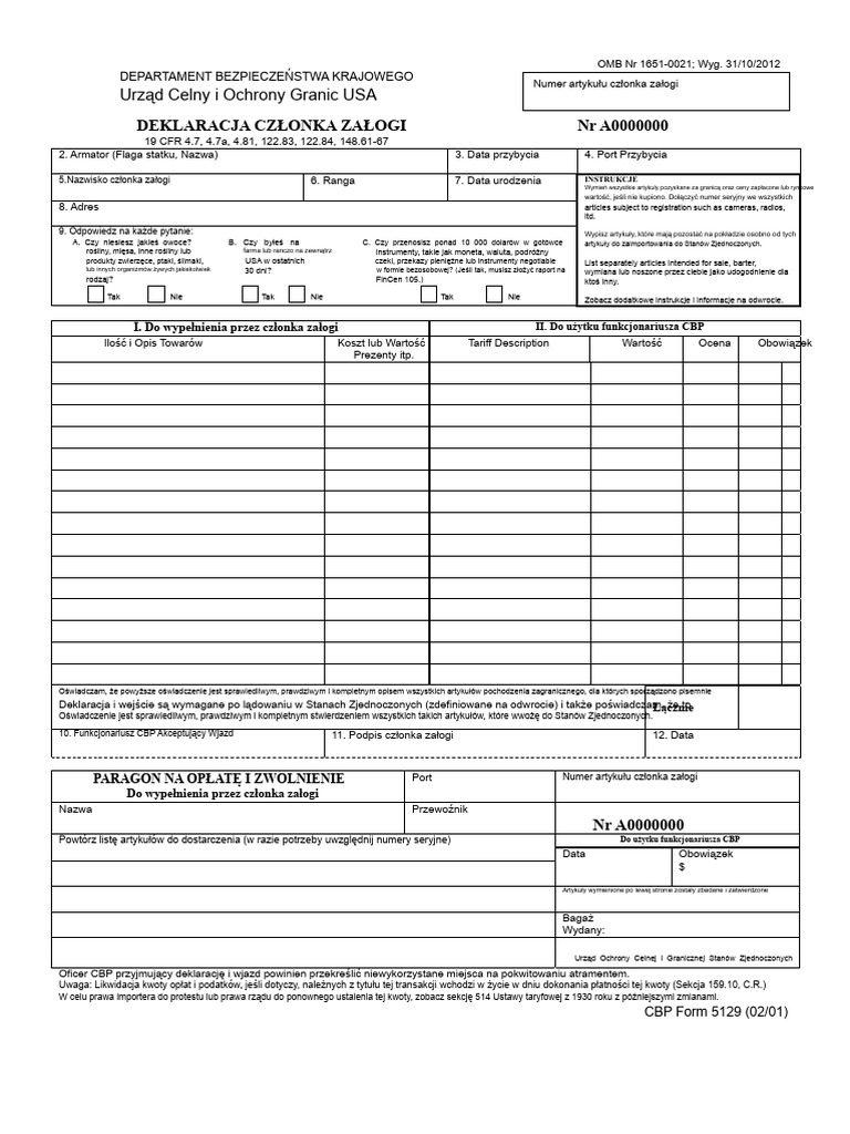 Formularz Celny USA: Formularz CBP 5129 - Deklaracja Członka Załogi I ...
