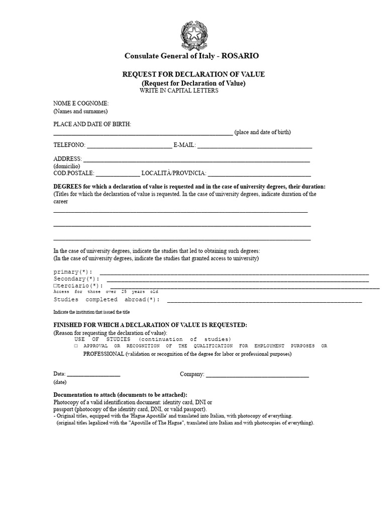 Declaration of Value Request Form Italy | PDF | Identity Document ...
