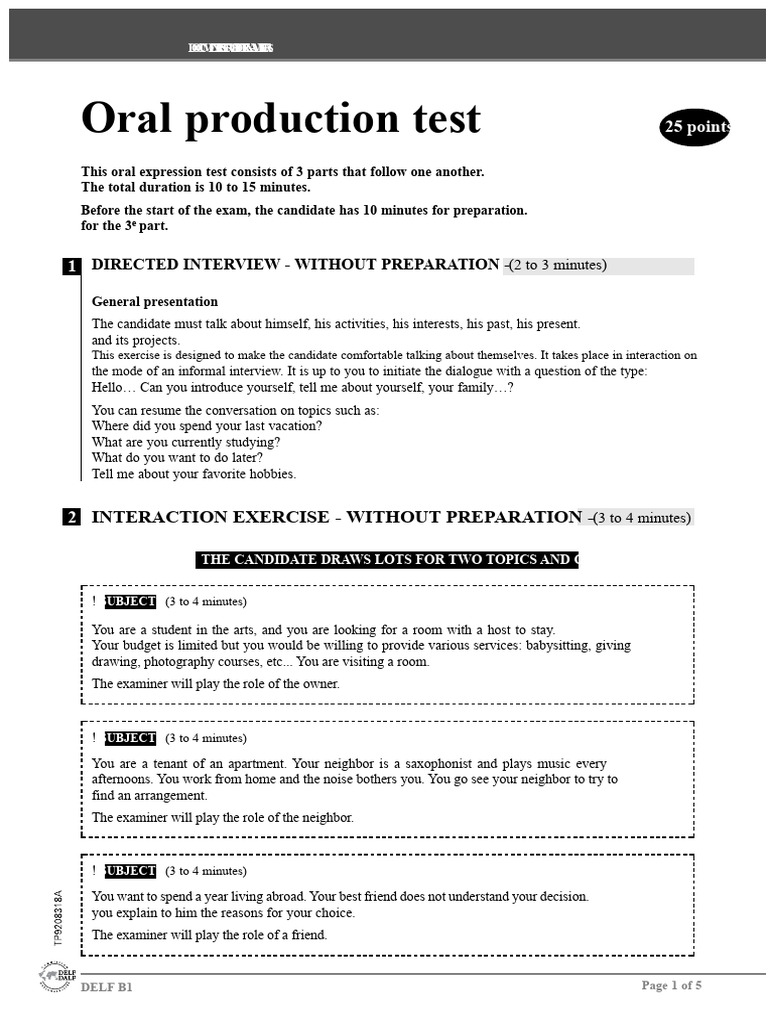 DELF B1 Oral Production Test Guide | PDF
