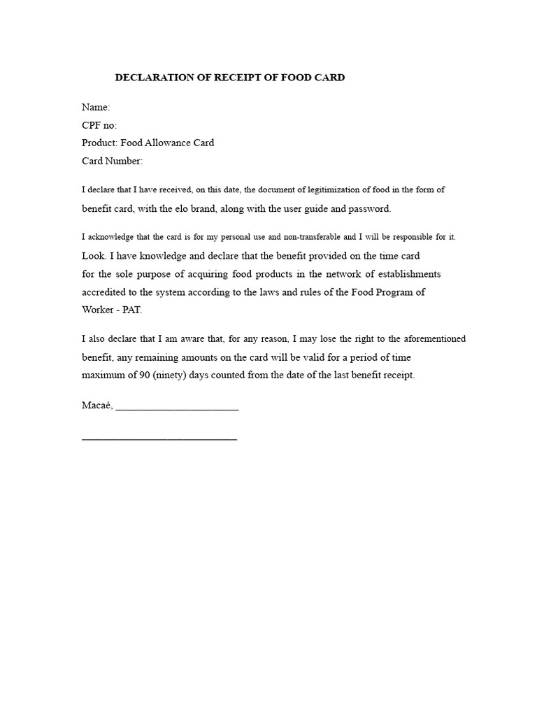 Declaration of Receipt Food Card | PDF
