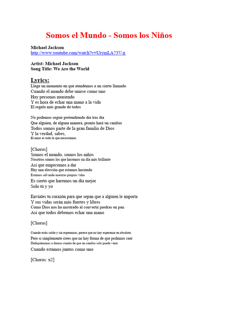 Nosotros Somos El Mundo - Letra | PDF