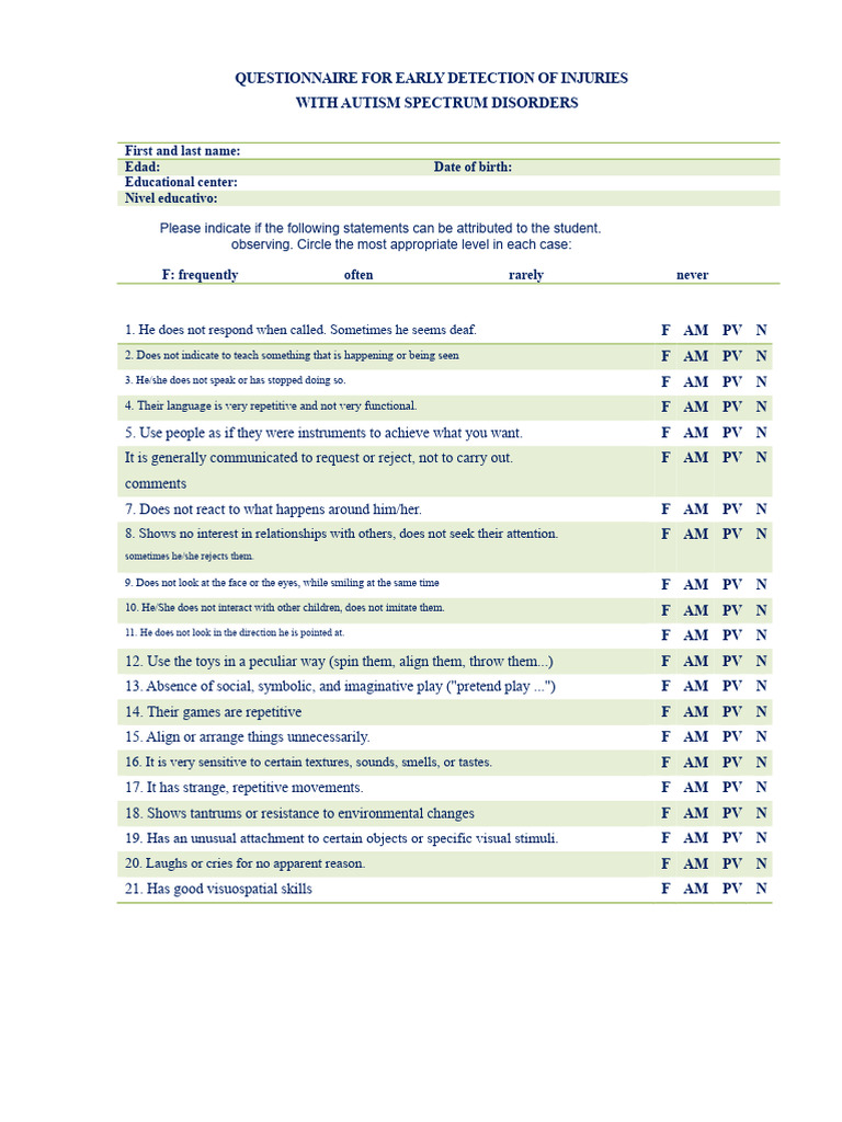 Questionnaire For The Detection of Autism Spectrum Disorders | PDF ...