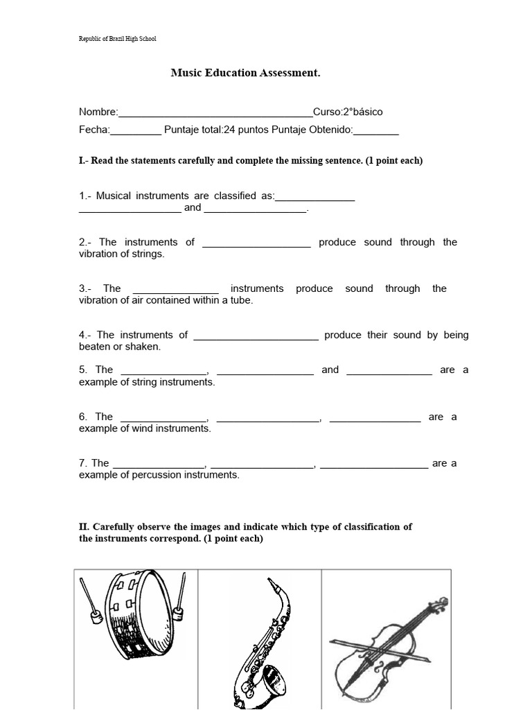 Test Types of Musical Instruments Basic 2 | PDF