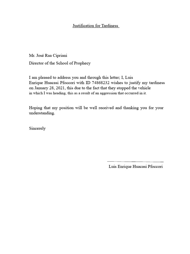 Justification for Tardiness Letter | PDF