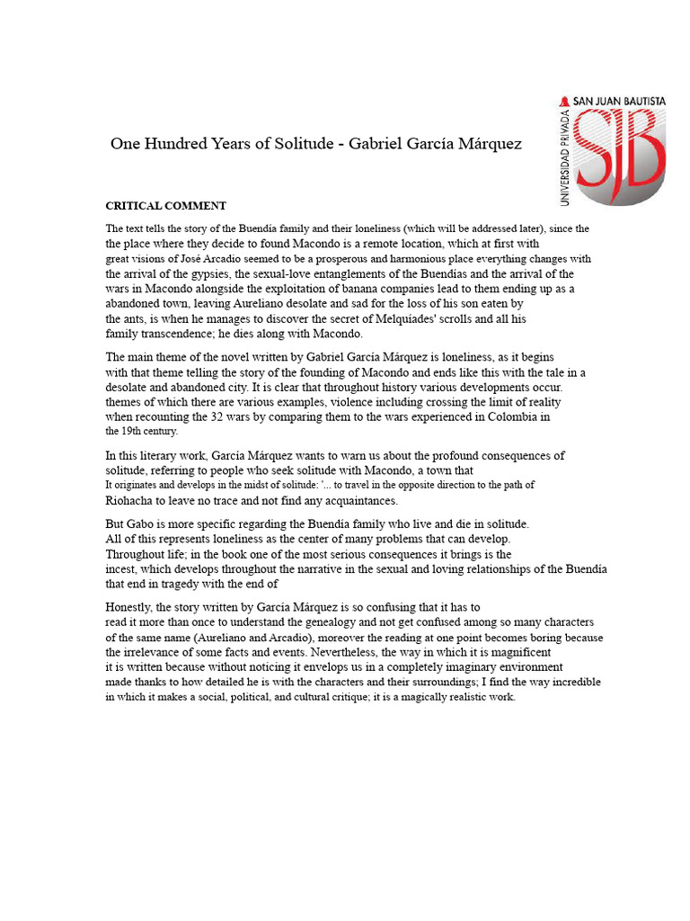 One Hundred Years of Solitude - Critical Commentary | PDF | Spanish ...
