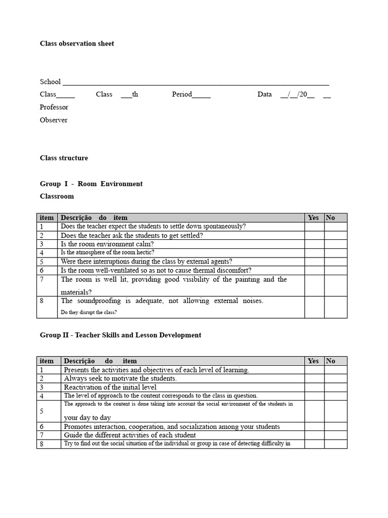 Class Observation and Teacher Assessment | PDF | Teachers | Classroom