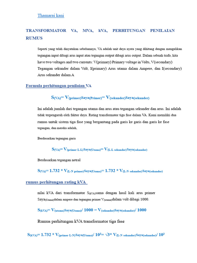 Rumus Perhitungan Daya Transformator | PDF