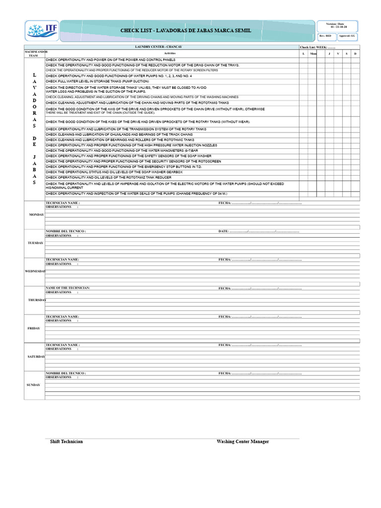 Daily Check List - Semi-Jab Washing Machines - Itfsac | PDF | Washing ...