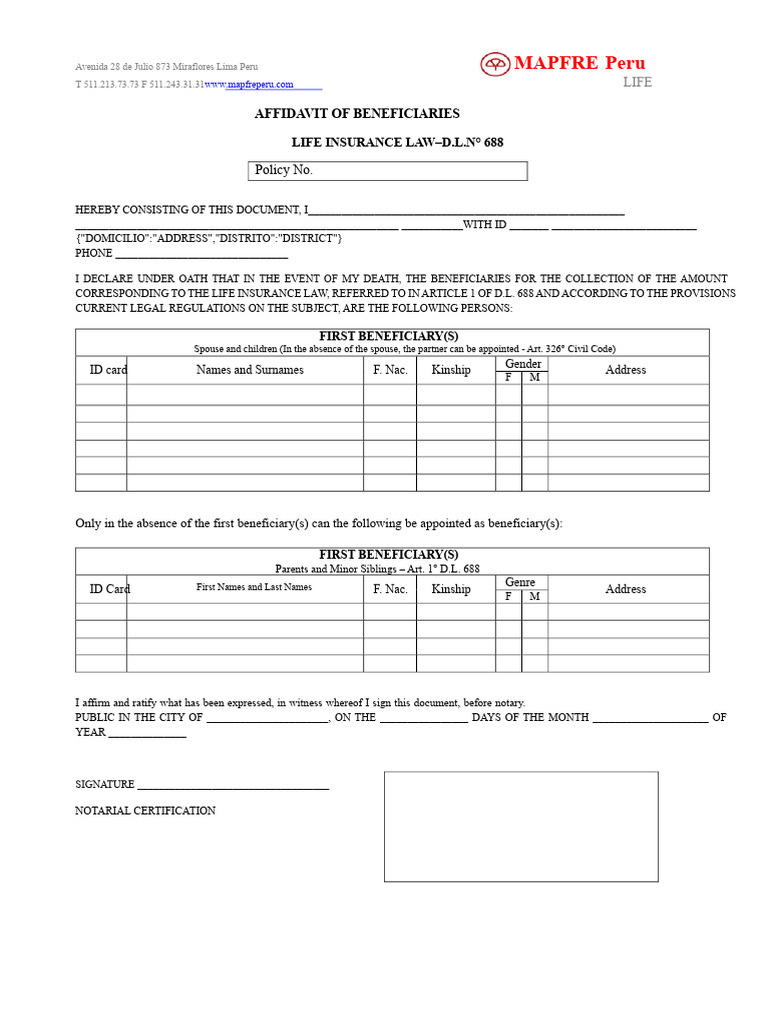 Sworn Statement of Beneficiaries Life Insurance Law | PDF | Notary ...