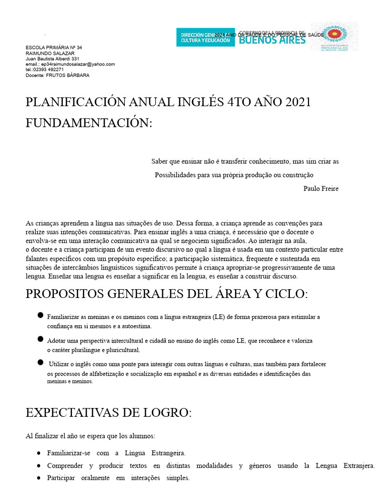 Planejamento Anual de Inglês 2021 | PDF | Língua inglesa | Escolas