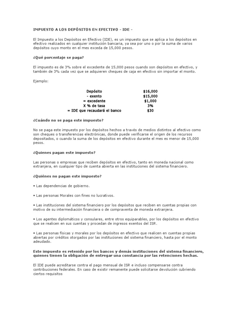 Impuesto A Los Depósitos en Efectivo PDF Efectivo Bancos