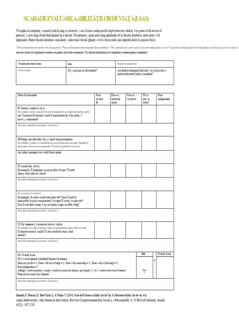 Scala de Evaluare A Abilităților de Viață (LSAS) | PDF