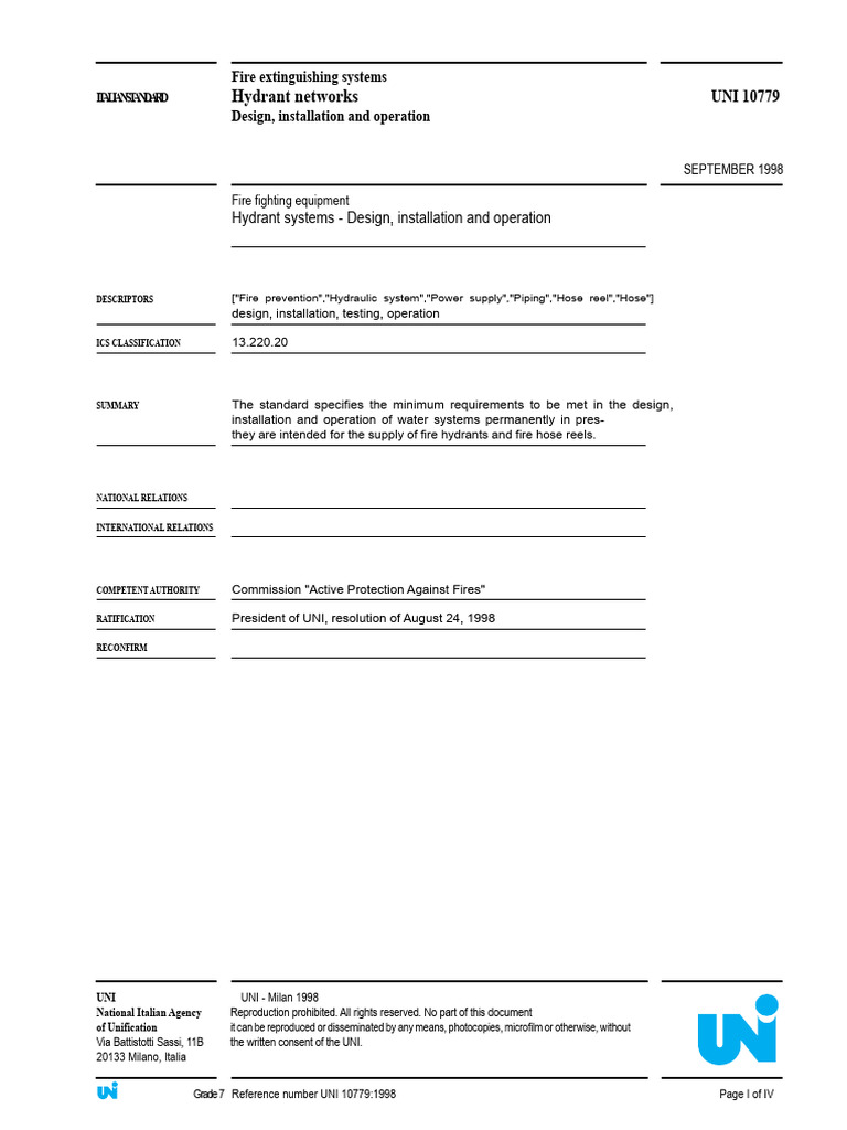 Fire Hydrant System Standards UNI 10779 | PDF | Pipe (Fluid Conveyance ...