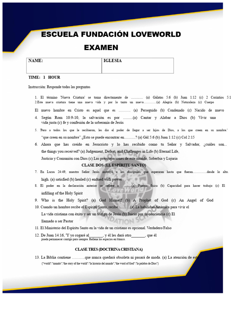 Examen de La Escuela de La Fundación 3Q - 2022-1 | PDF | Iglesia ...
