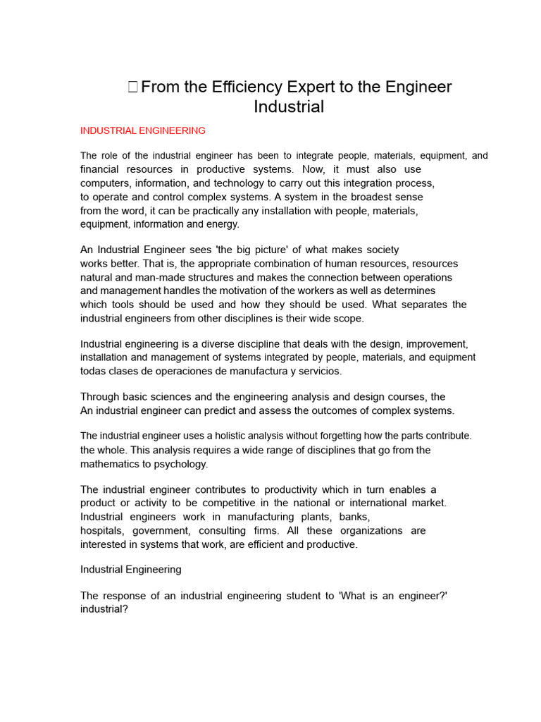 From The Efficiency Expert To The Industrial Engineer | PDF ...