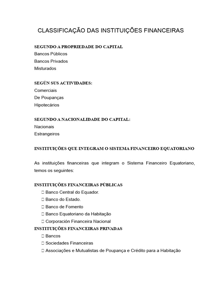 Classificação das Instituições Financeiras | PDF | Taxa de câmbio | Crédito