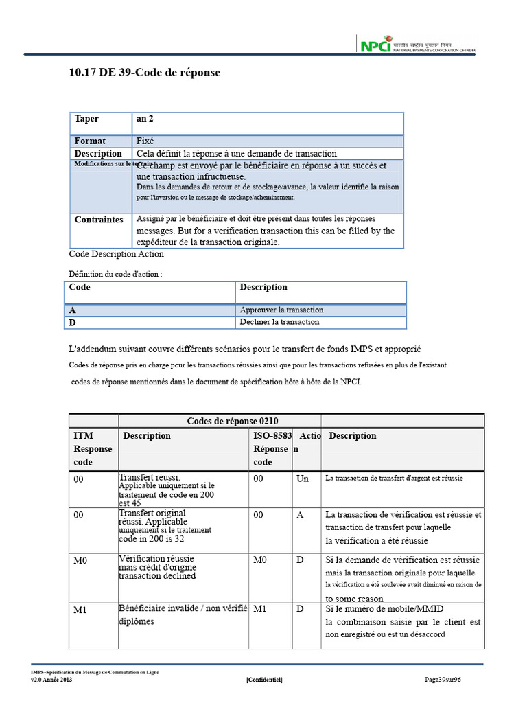 Codes de réponse pour transactions IMPS | PDF