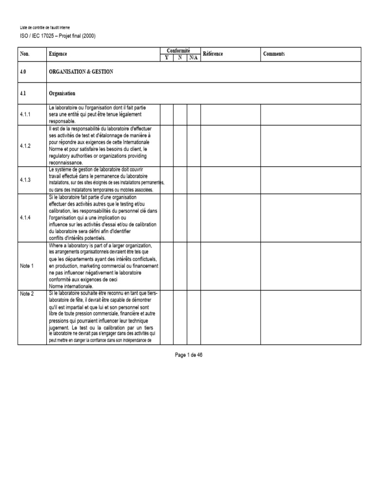 Audit interne ISO/IEC 17025: Checklist | PDF | Audit | Calibrage