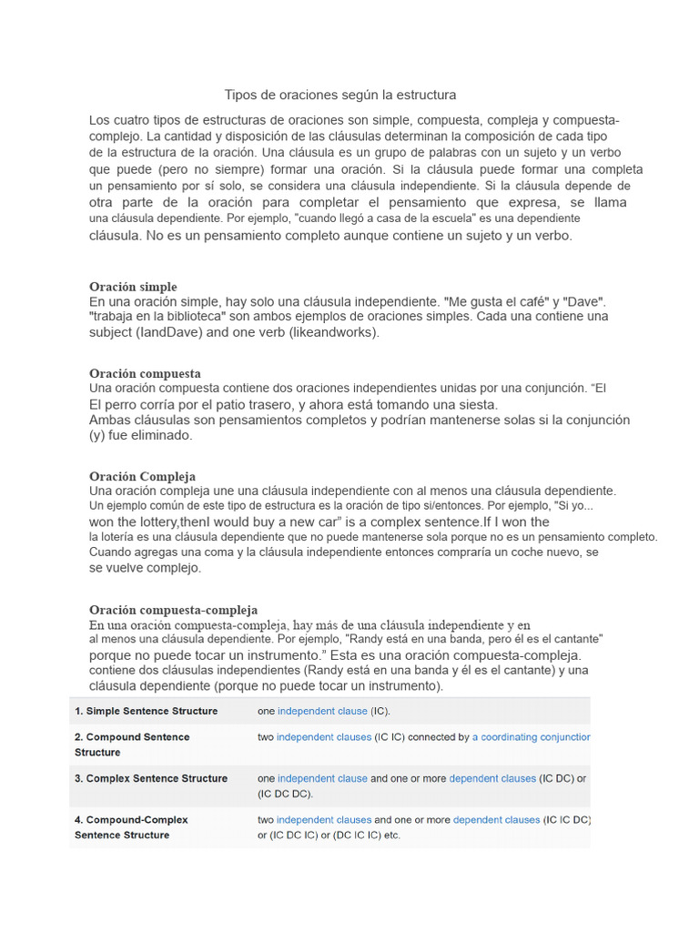 Estructuras de oraciones: tipos y ejemplos | PDF | Oración (Lingüística ...