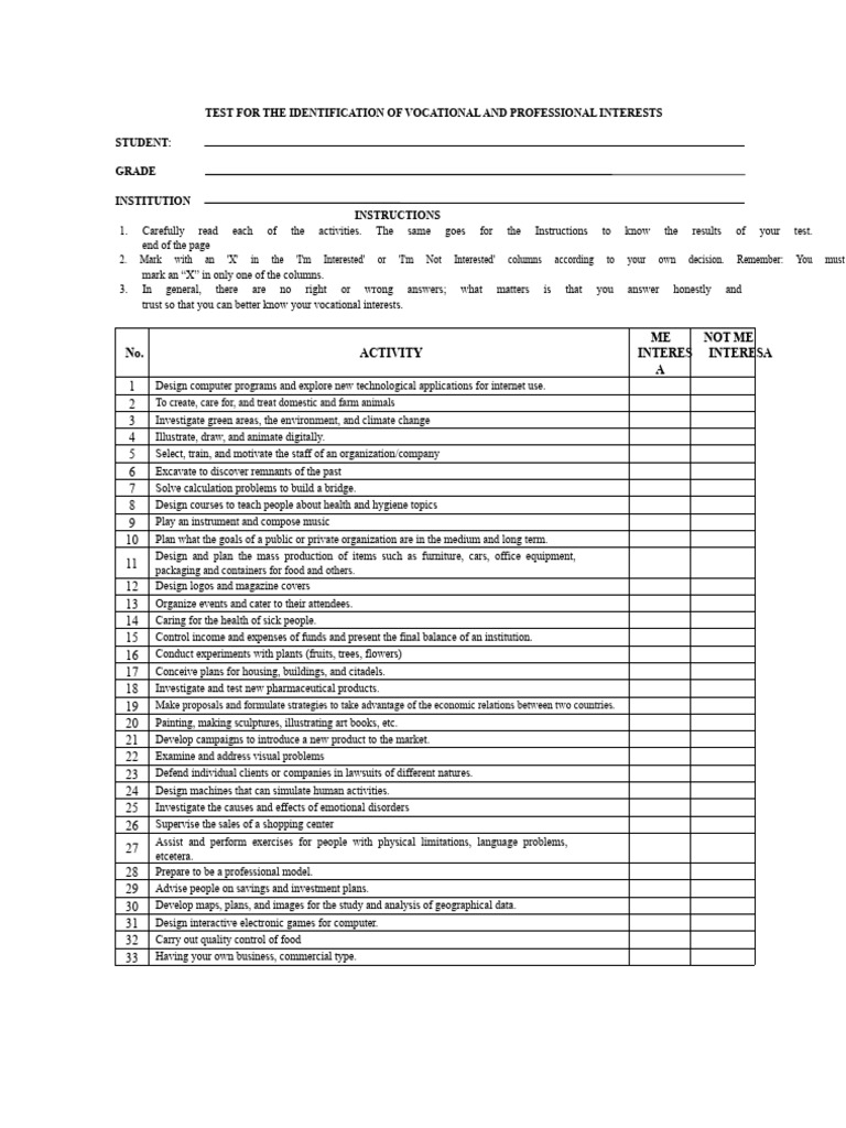 Test For The Identification of Vocational and Professional Interests | PDF