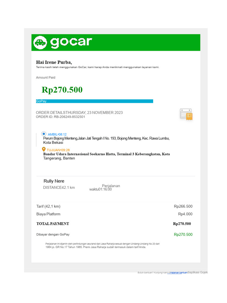 Rincian Pembayaran GoCar Rp270.500 | PDF