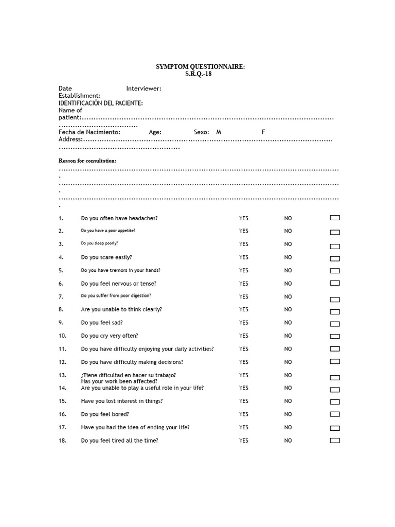 Symptom Questionnaire: S.R.Q.-18 | PDF | Mental Health | Diseases And ...